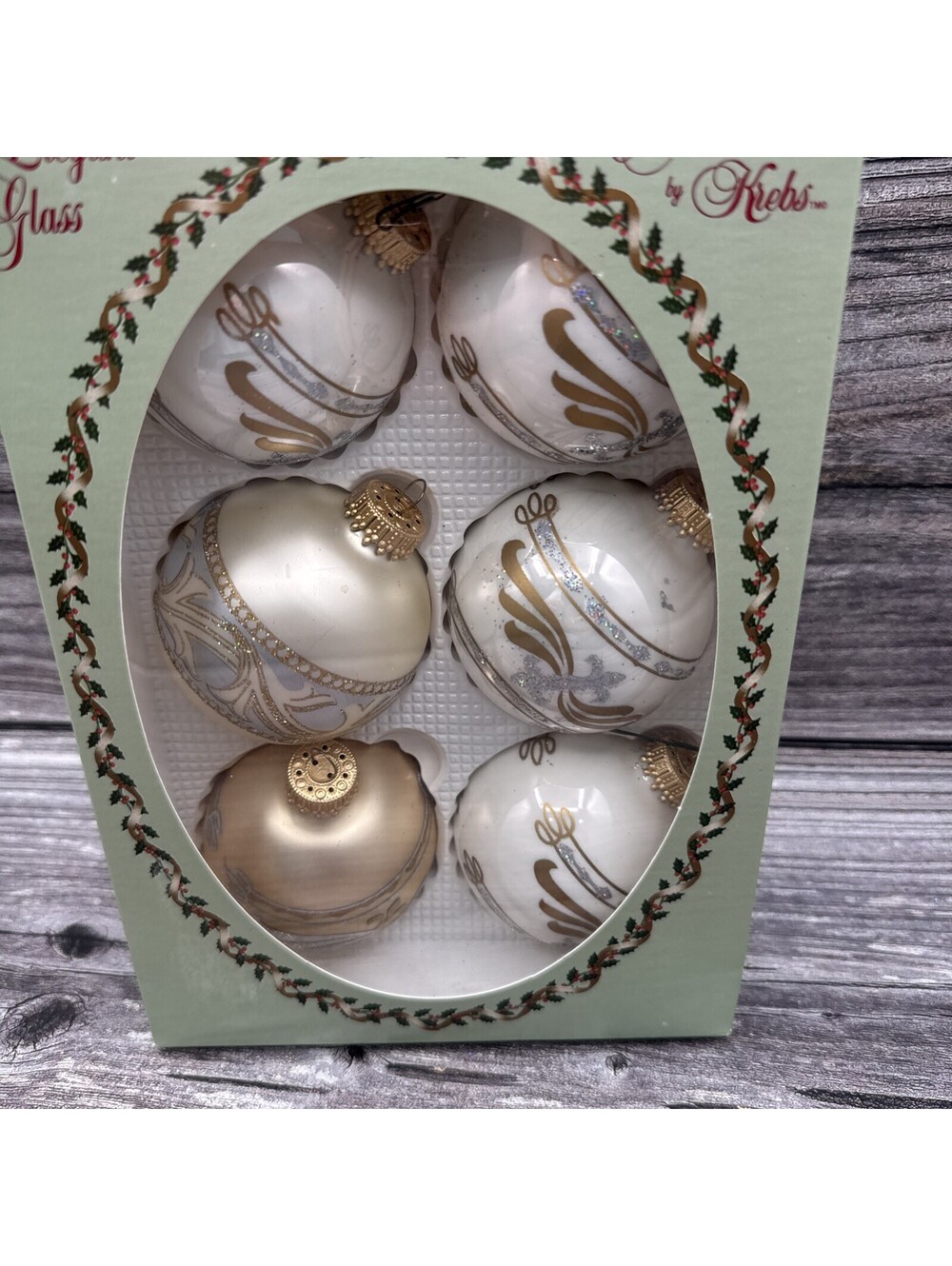 VTG 6 Pk Krebs Gold Crown Christmas Glass Ornament Scroll Collection USA  Made